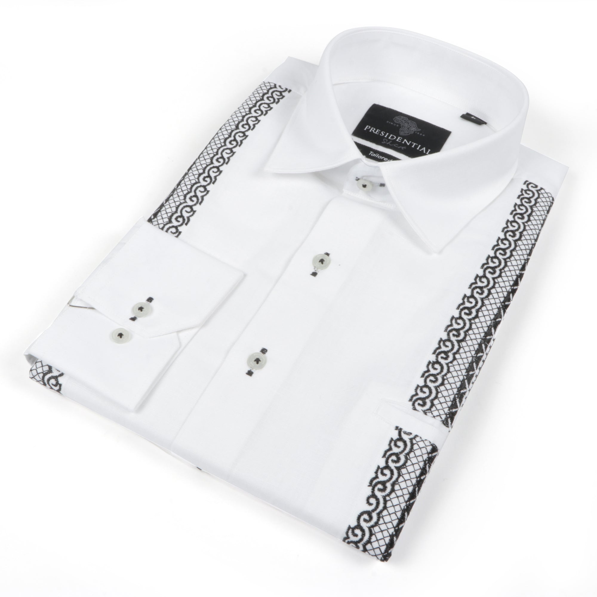Diagonal Stripe - White Long Sleeve Linen Cotton Embroidered Men's Shirt