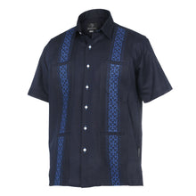 Crossed Paths – Navy Olive Short Sleeve Linen Cotton Embroidered Men's Shirt