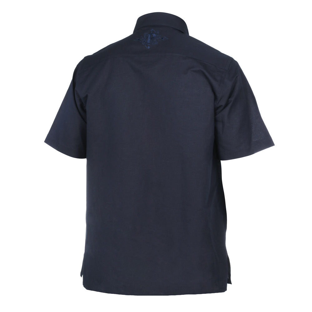 Crossed Paths – Navy Olive Short Sleeve Linen Cotton Embroidered Men's Shirt