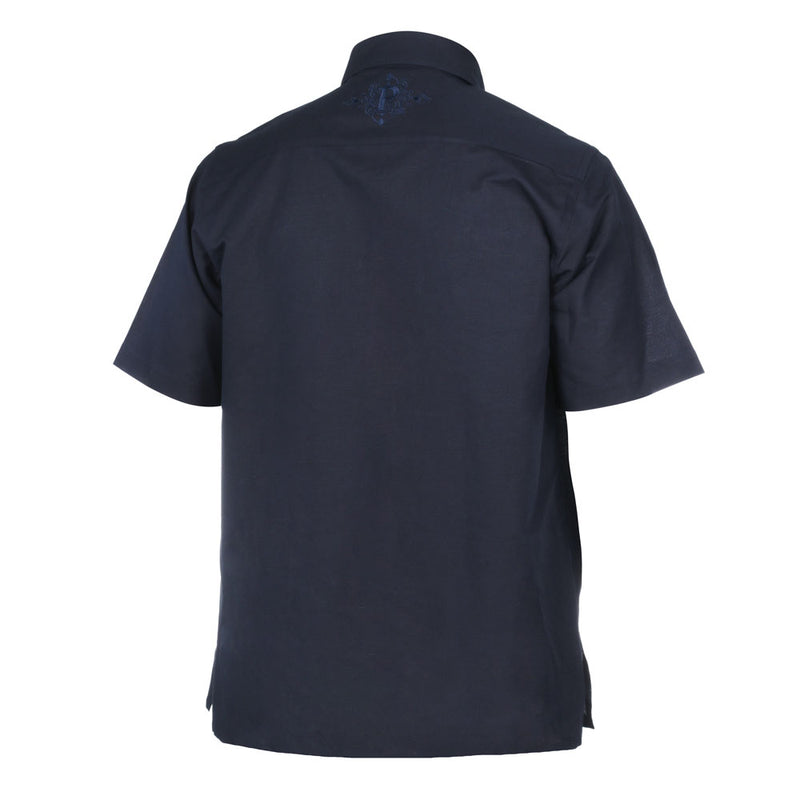 Crossed Paths – Navy Olive Short Sleeve Linen Cotton Embroidered Men's Shirt