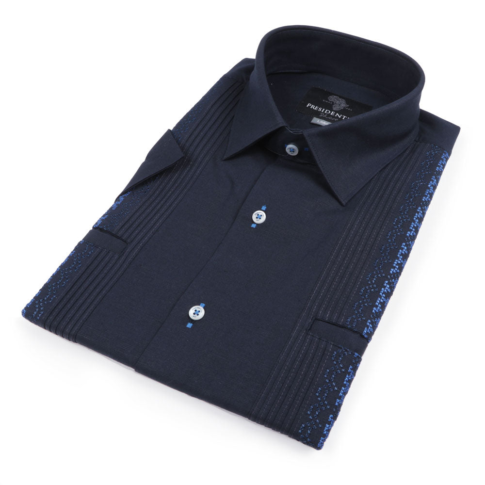 Crossed Paths – Navy Olive Short Sleeve Linen Cotton Embroidered Men's Shirt