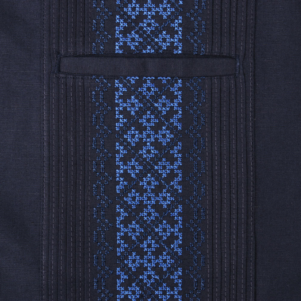 Crossed Paths – Navy Olive Short Sleeve Linen Cotton Embroidered Men's Shirt