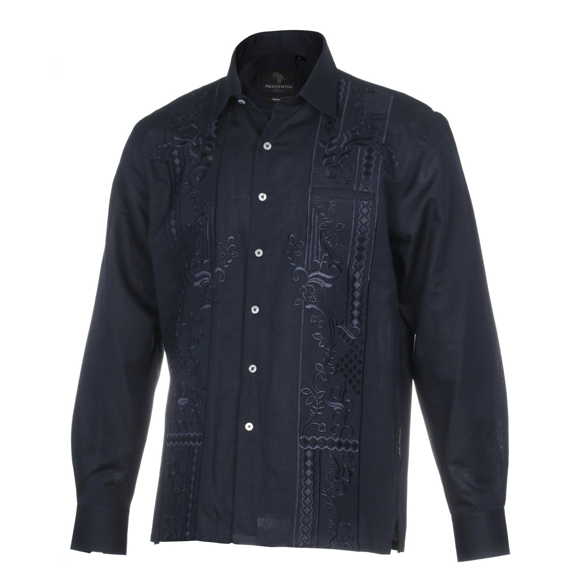Cuban Luxury - Navy Long Sleeve Linen Cotton Embroidered Men's Shirt