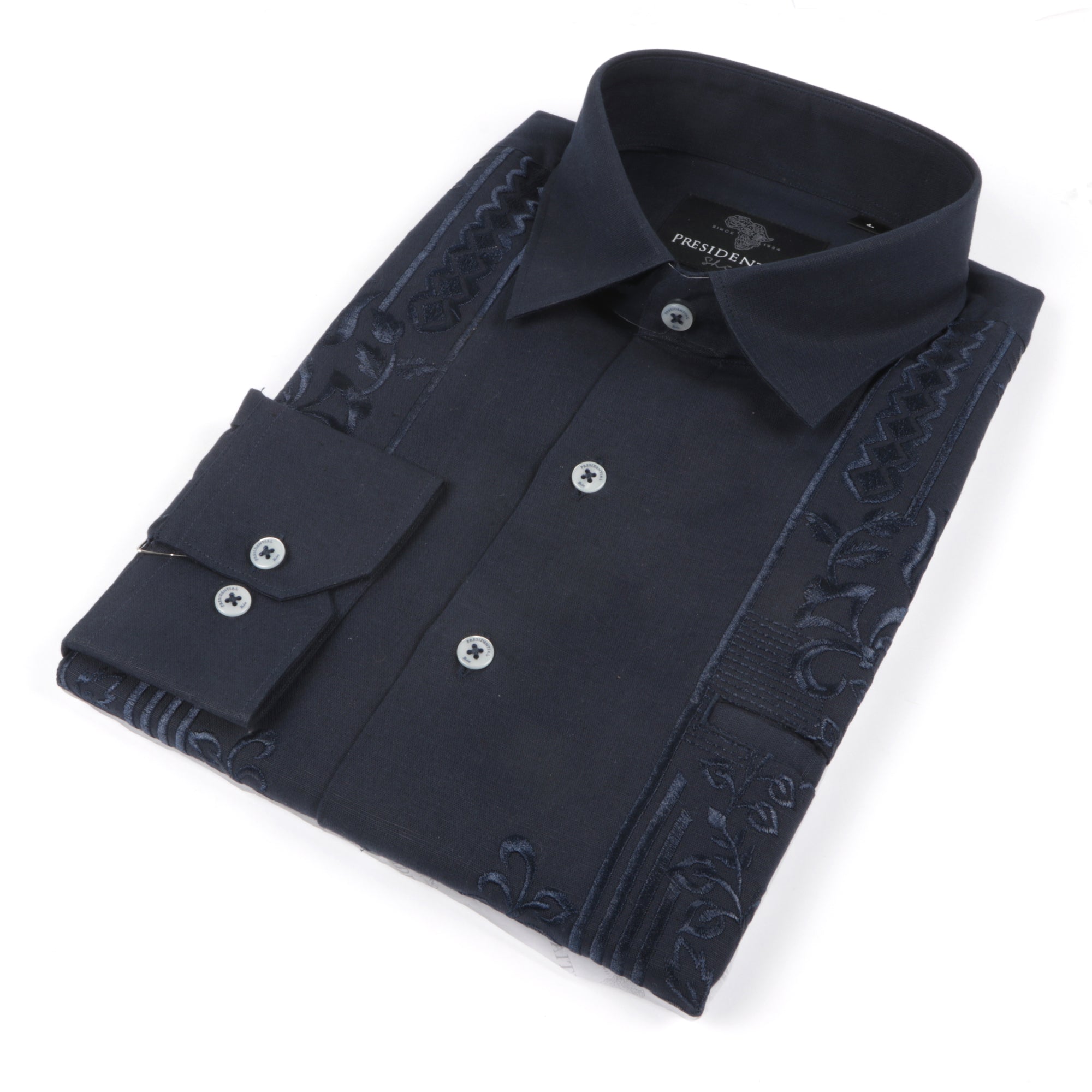 Cuban Luxury - Navy Long Sleeve Linen Cotton Embroidered Men's Shirt