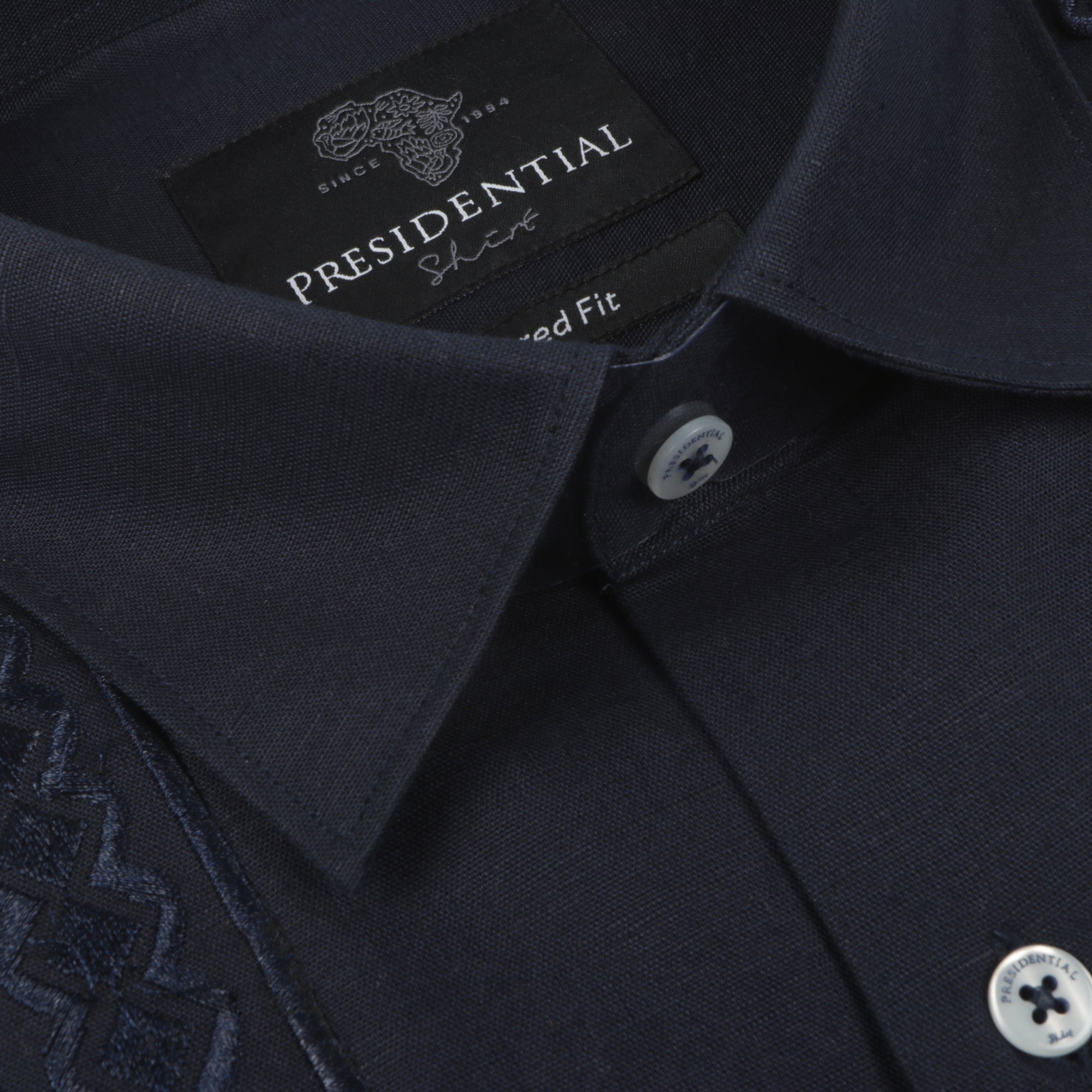 Cuban Luxury - Navy Long Sleeve Linen Cotton Embroidered Men's Shirt
