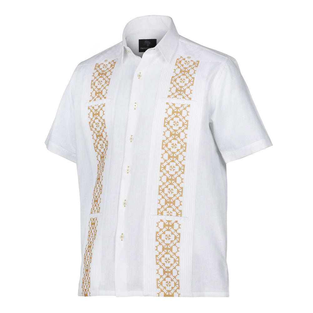 White Flower – White Short Sleeve Linen Cotton Embroidered Men's Shirt