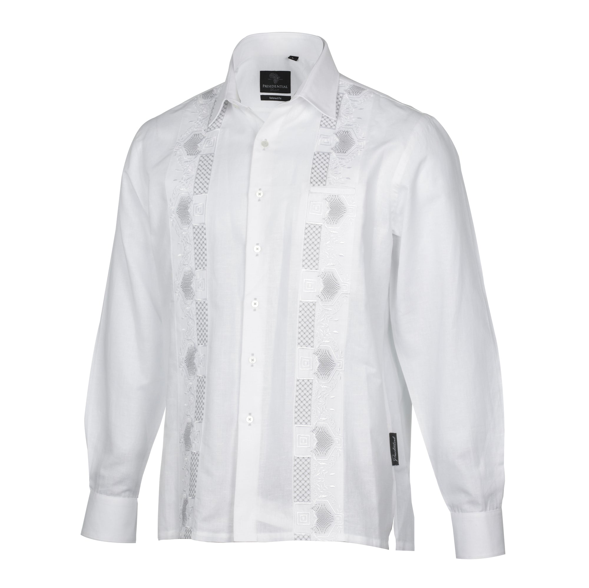 Noble Stripe - White Long Sleeve Linen Cotton Embroidered Men's Shirt