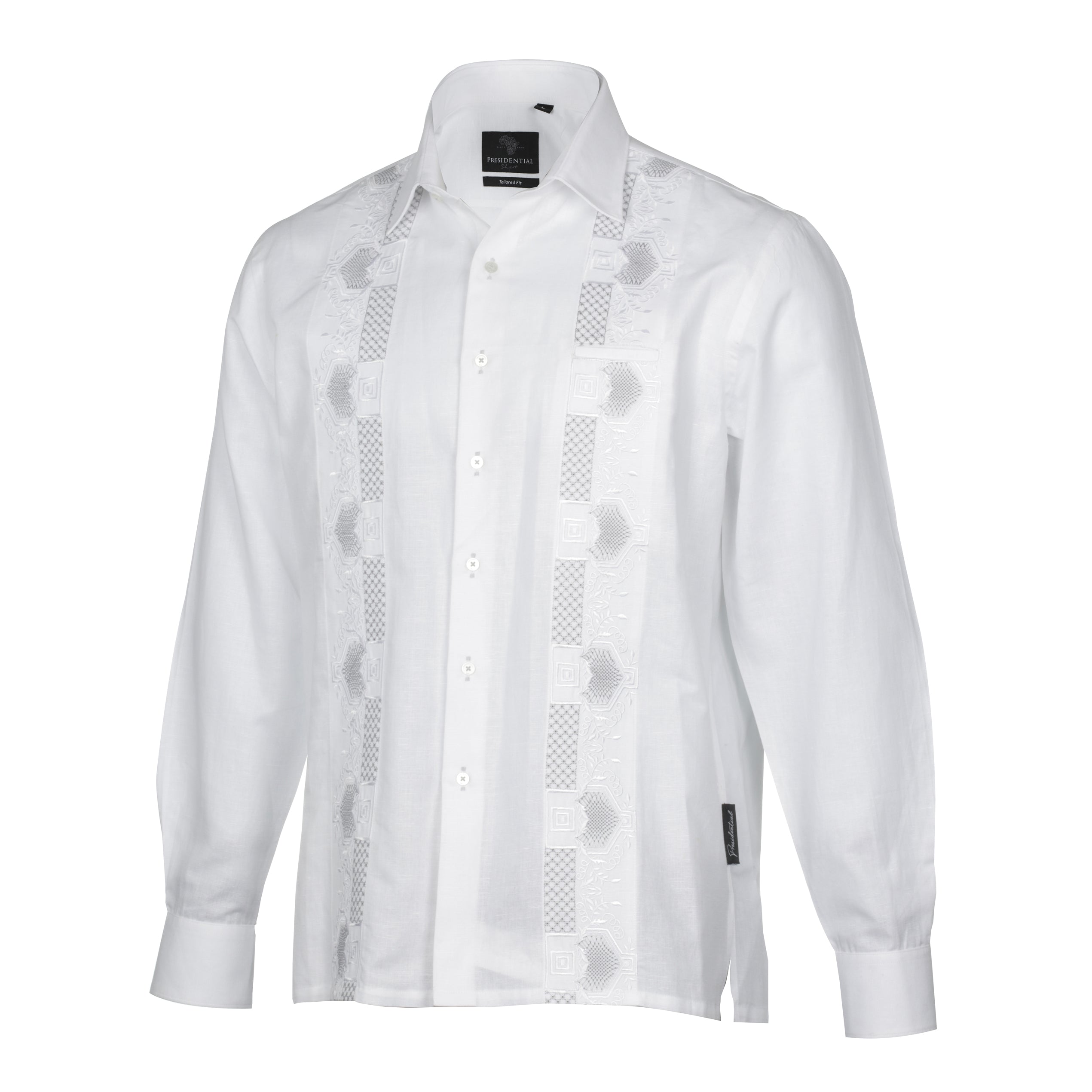 Noble Stripe - White Long Sleeve Linen Cotton Embroidered Men's Shirt