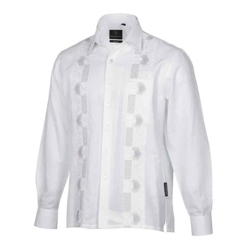 Noble Stripe - White Long Sleeve Linen Cotton Embroidered Men's Shirt