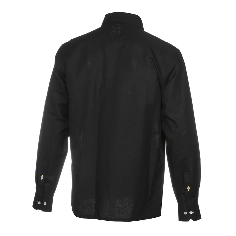 Nobel Stripe - Black Long Sleeve Linen Cotton Embroidered Men's Shirt