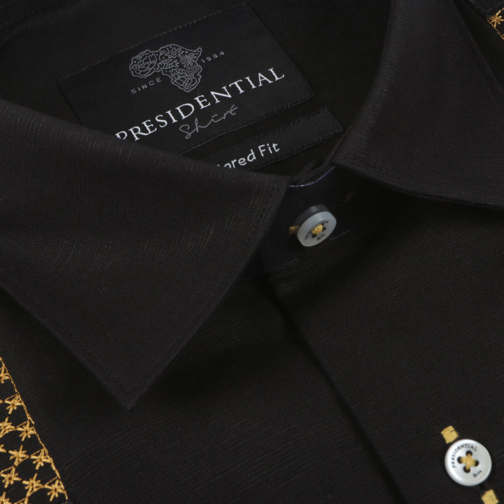 Nobel Stripe - Black Long Sleeve Linen Cotton Embroidered Men's Shirt