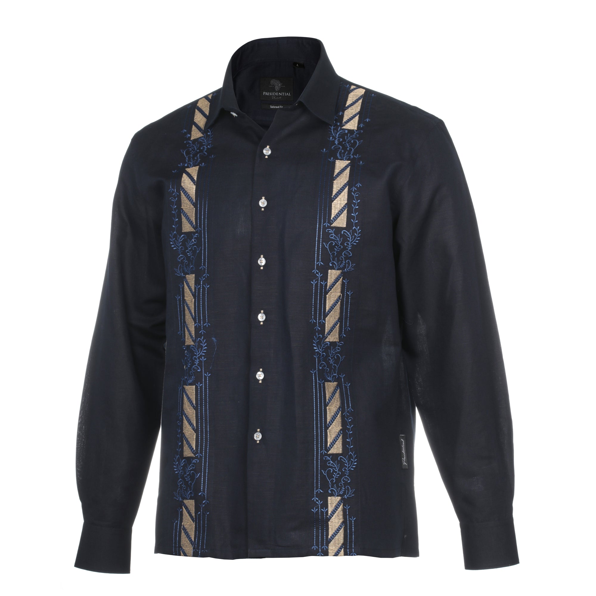 Kings Scepter - Navy Long Sleeve Linen Cotton Embroidered Men's Shirt