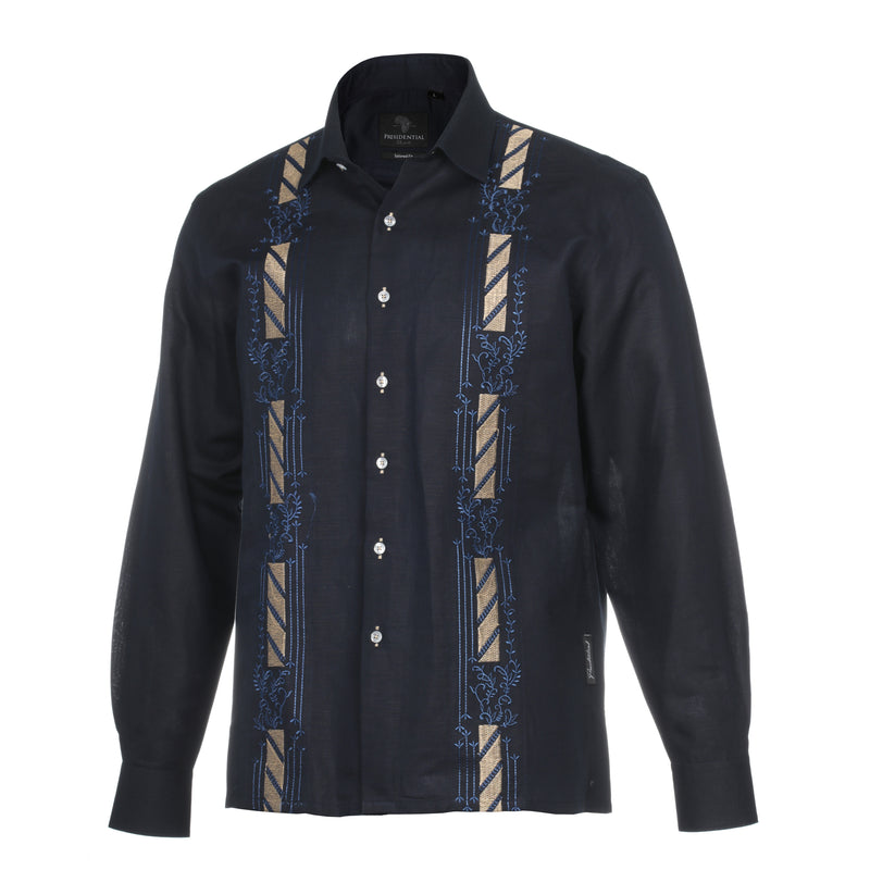 Kings Scepter - Navy Long Sleeve Linen Cotton Embroidered Men's Shirt