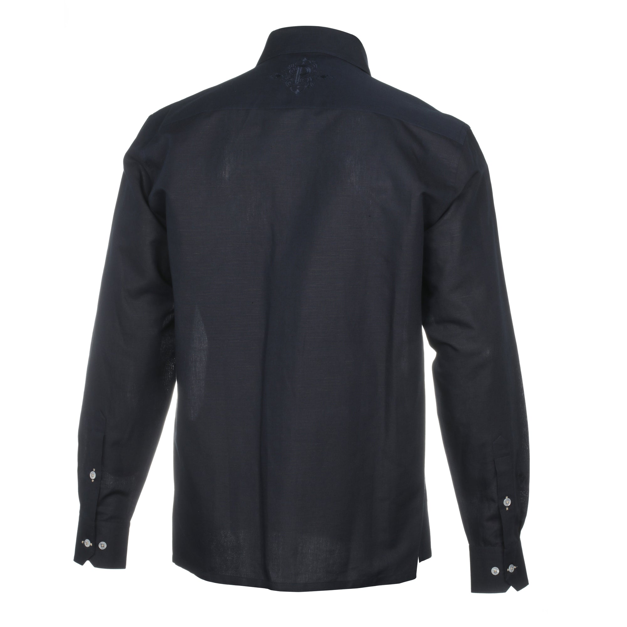 Kings Scepter - Navy Long Sleeve Linen Cotton Embroidered Men's Shirt