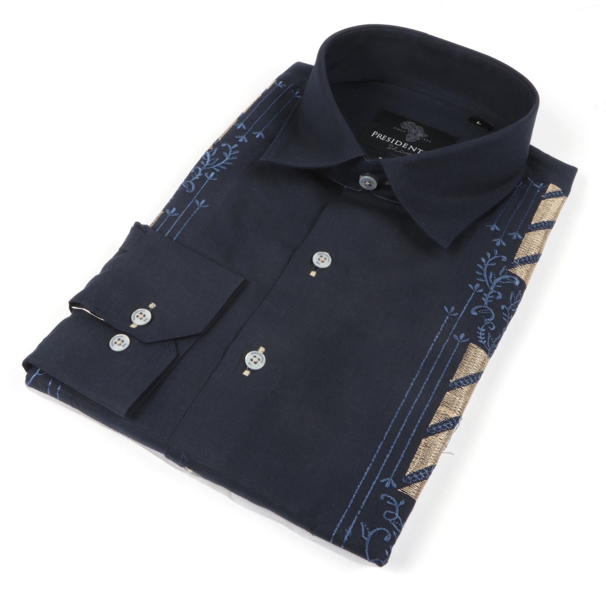 Kings Scepter - Navy Long Sleeve Linen Cotton Embroidered Men's Shirt