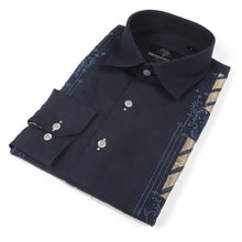 Kings Scepter - Navy Long Sleeve Linen Cotton Embroidered Men's Shirt
