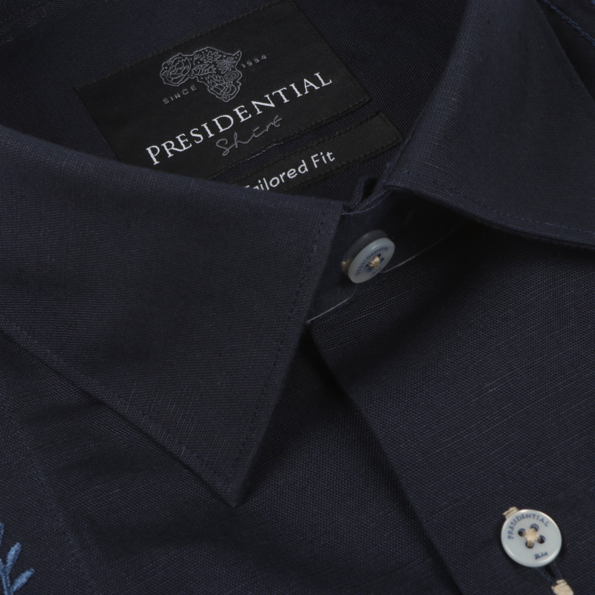 Kings Scepter - Navy Long Sleeve Linen Cotton Embroidered Men's Shirt