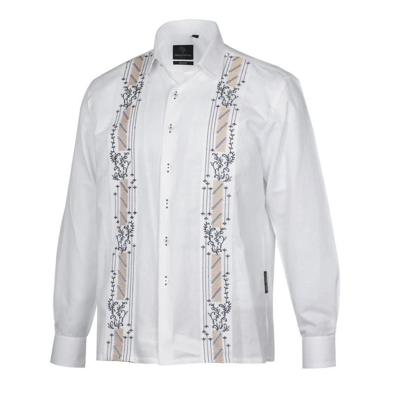 Kings Scepter - White Long Sleeve Linen Cotton Embroidered Men's Shirt