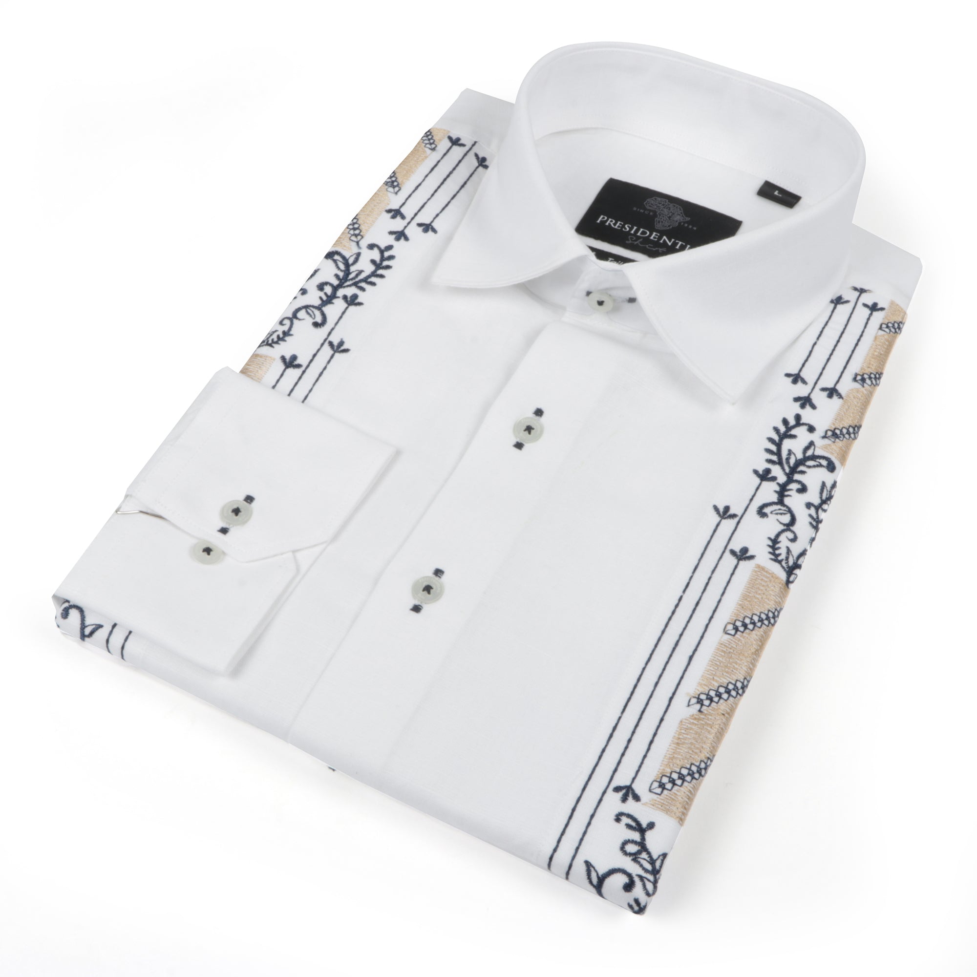 Kings Scepter - White Long Sleeve Linen Cotton Embroidered Men's Shirt