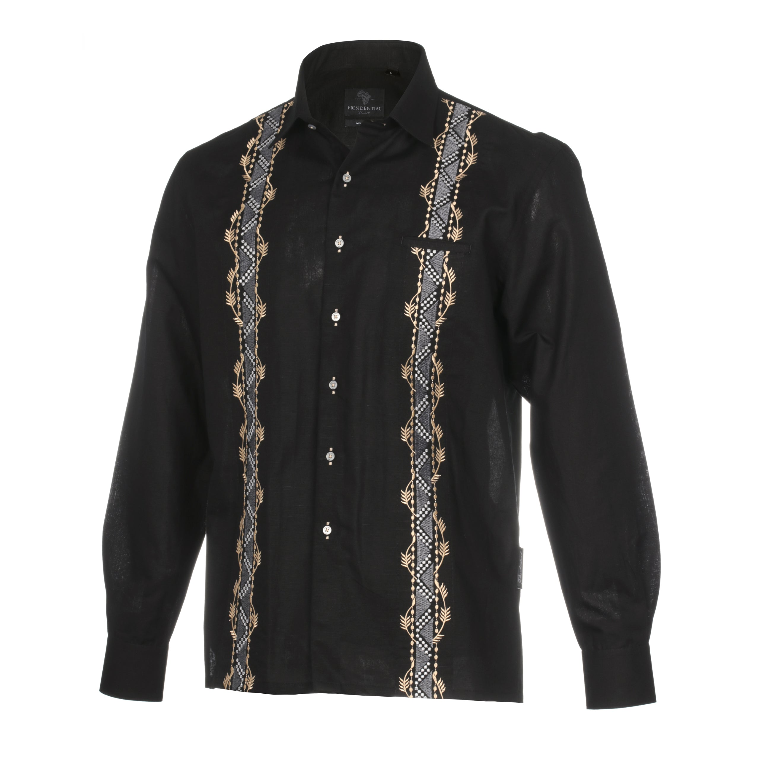 Spiral - Black Long Sleeve Linen Cotton Embroidered Men's Shirt
