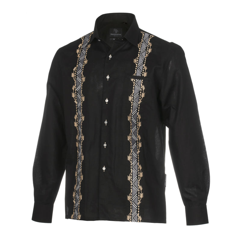 Spiral - Black Long Sleeve Linen Cotton Embroidered Men's Shirt