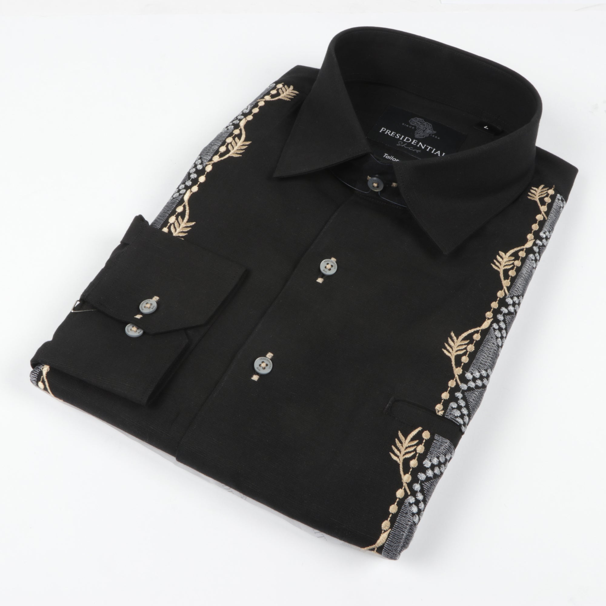 Spiral - Black Long Sleeve Linen Cotton Embroidered Men's Shirt