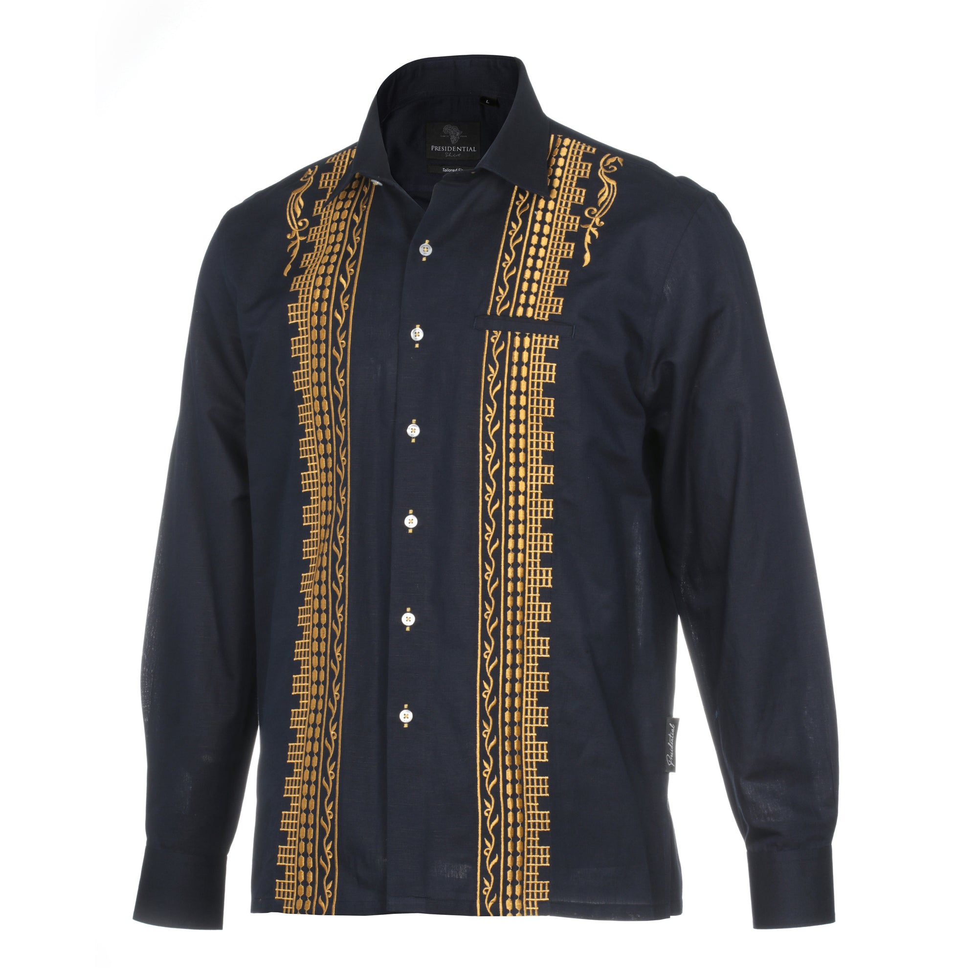 Geometric Blocks - Navy Long Sleeve Linen Cotton Embroidered Men's Shirt