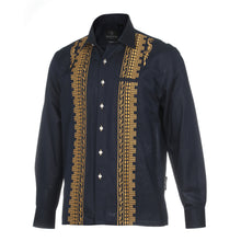 Geometric Blocks - Navy Long Sleeve Linen Cotton Embroidered Men's Shirt