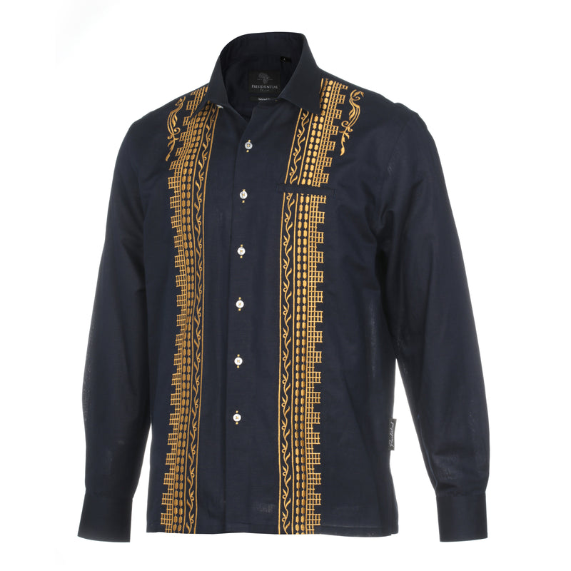 Geometric Blocks - Navy Long Sleeve Linen Cotton Embroidered Men's Shirt