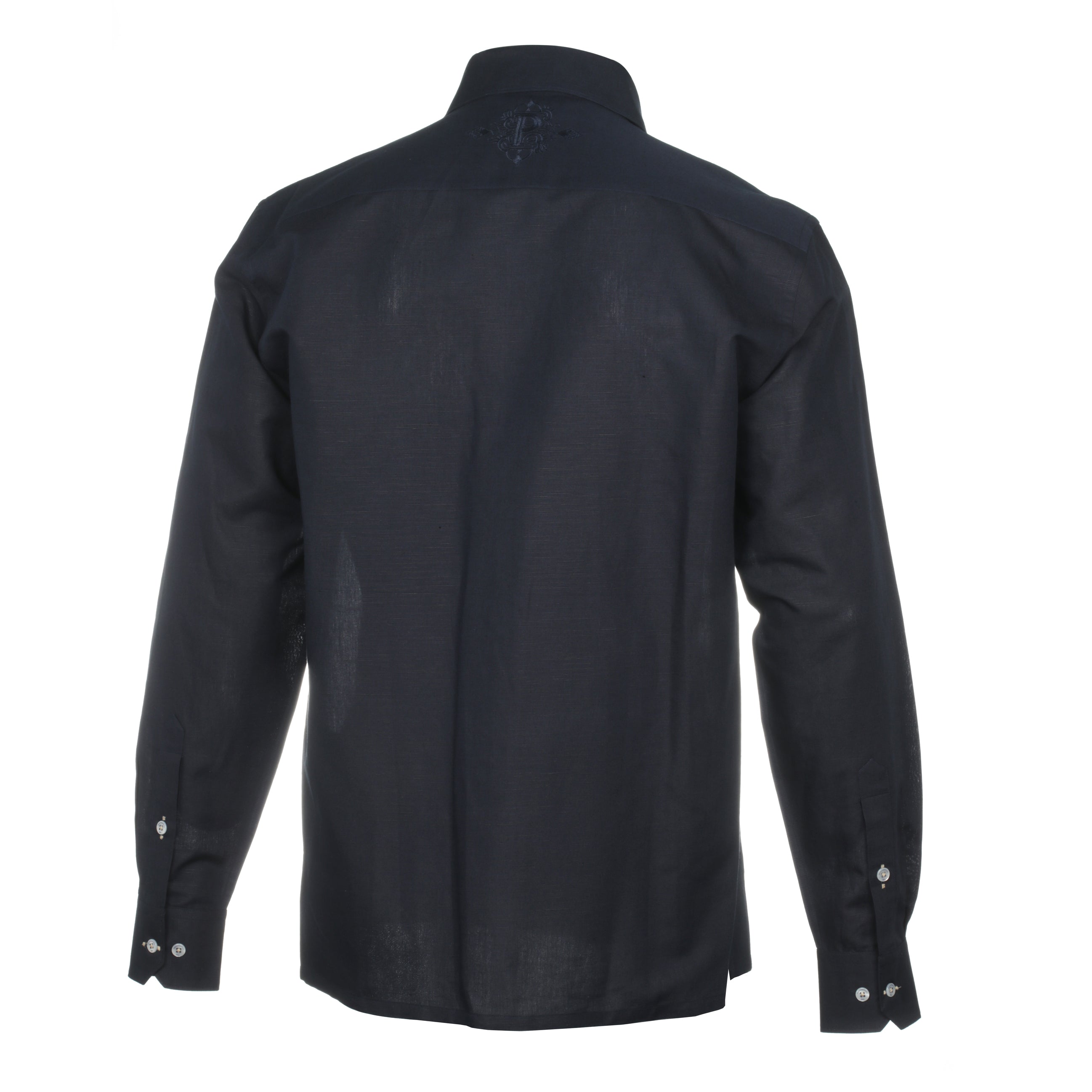 Geometric Blocks - Navy Long Sleeve Linen Cotton Embroidered Men's Shirt