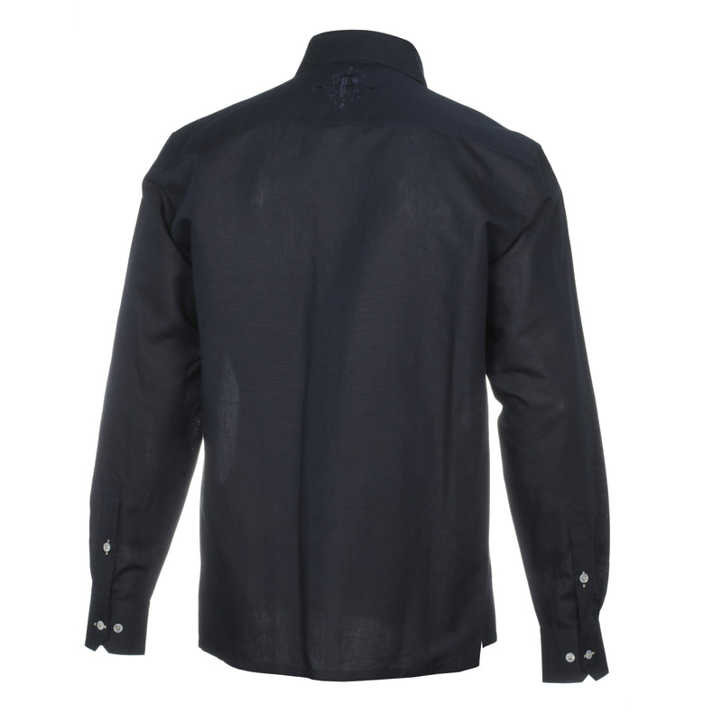 Geometric Blocks - Navy Long Sleeve Linen Cotton Embroidered Men's Shirt