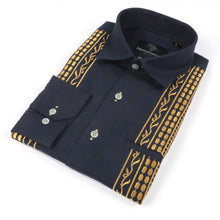 Geometric Blocks - Navy Long Sleeve Linen Cotton Embroidered Men's Shirt