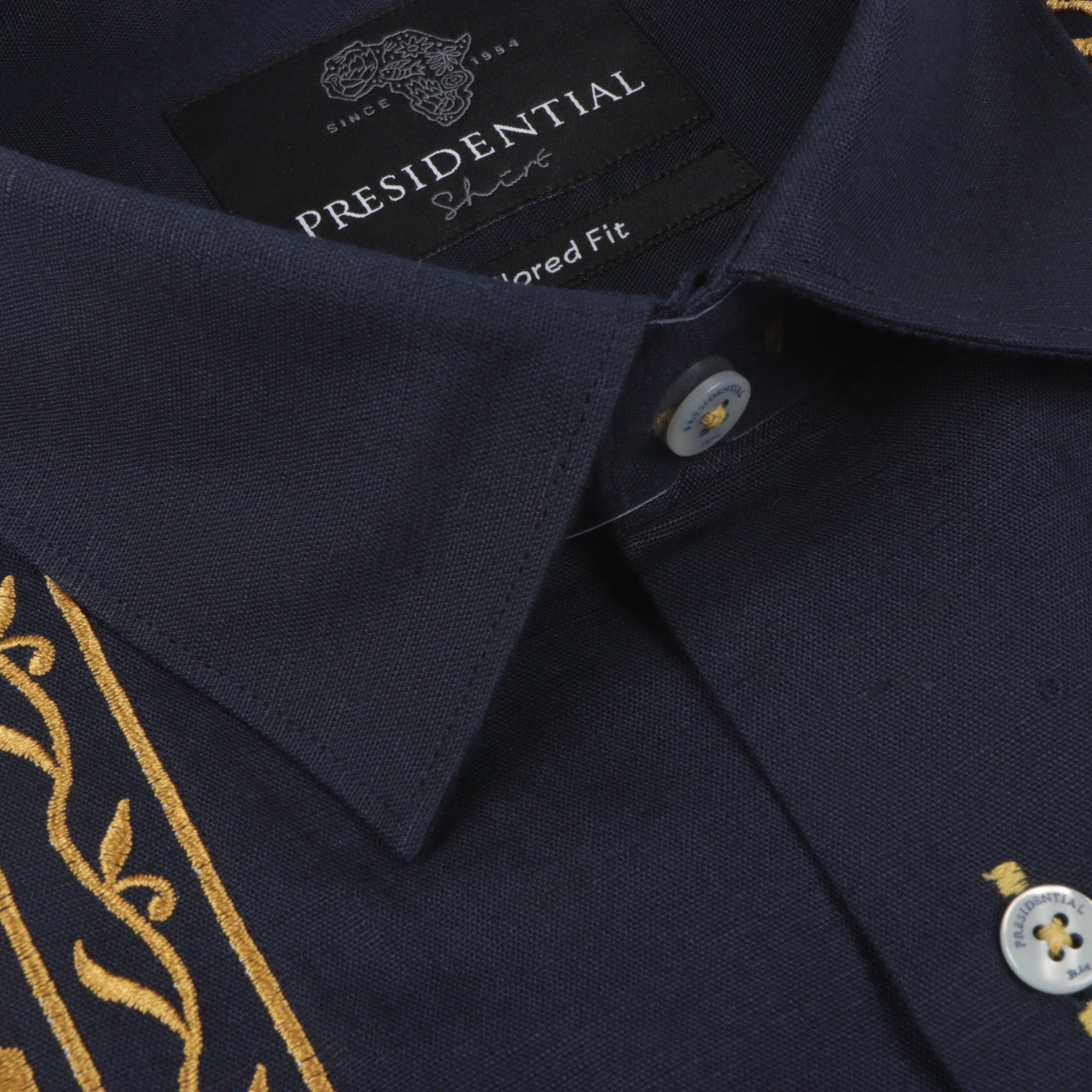 Geometric Blocks - Navy Long Sleeve Linen Cotton Embroidered Men's Shirt
