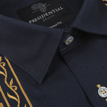 Geometric Blocks - Navy Long Sleeve Linen Cotton Embroidered Men's Shirt