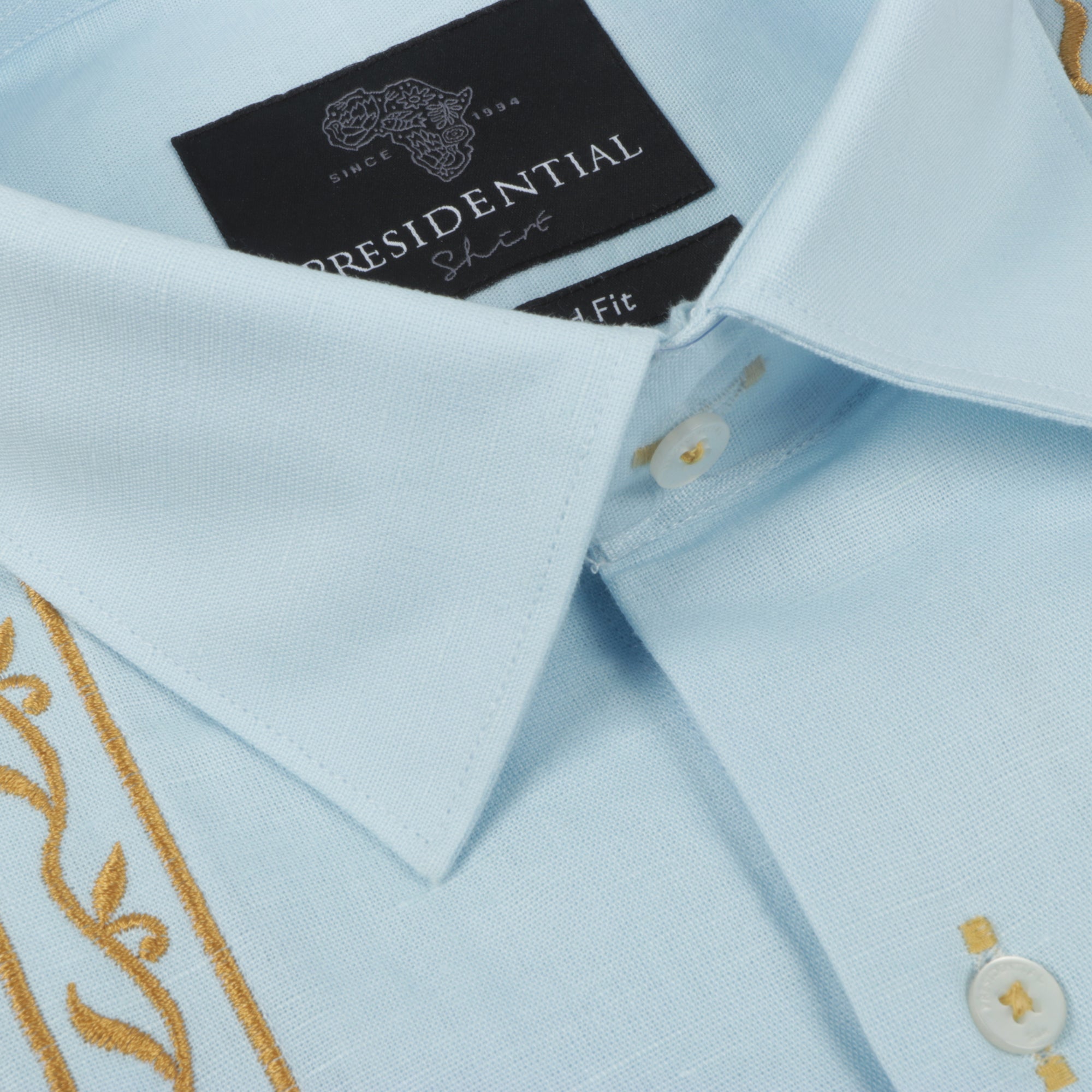 Geometric Blocks - Light Blue Long Sleeve Linen Cotton Embroidered Men's Shirt