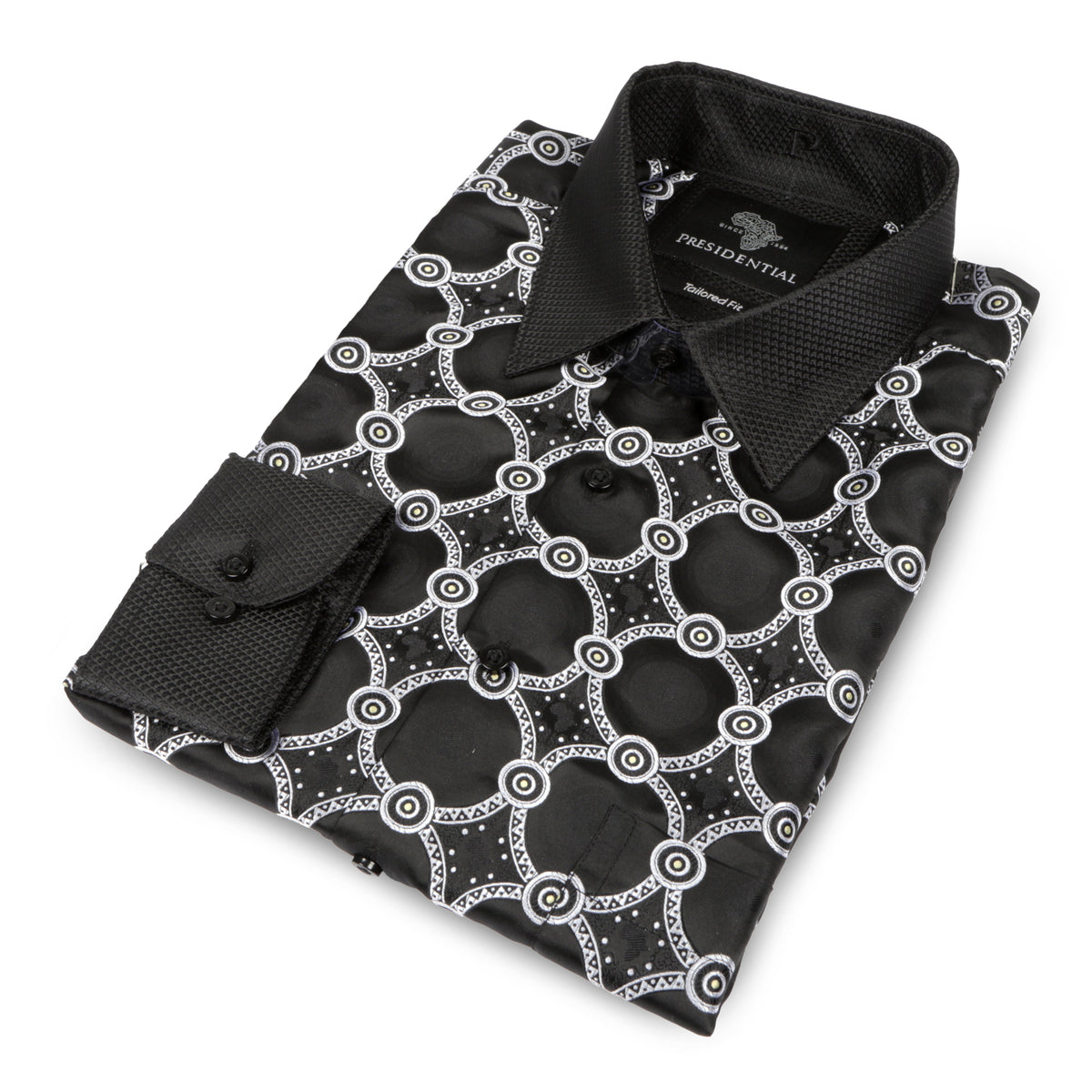African Circle - Black Men's Long Sleeve Jaquard Woven Formal Shirt