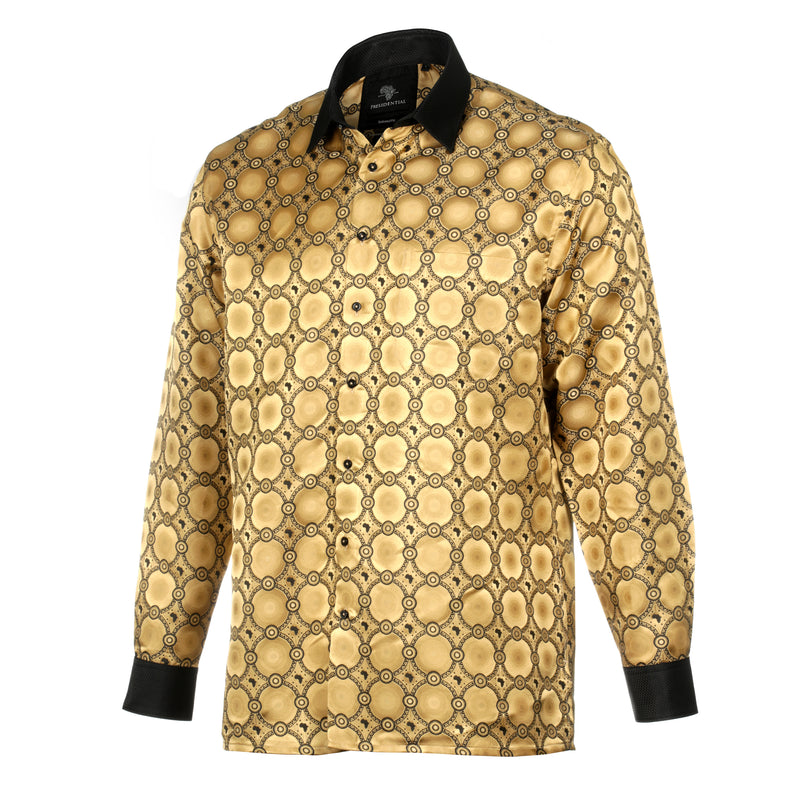 African Circle - Gold Men's Long Sleeve Jaquard Woven Formal Shirt