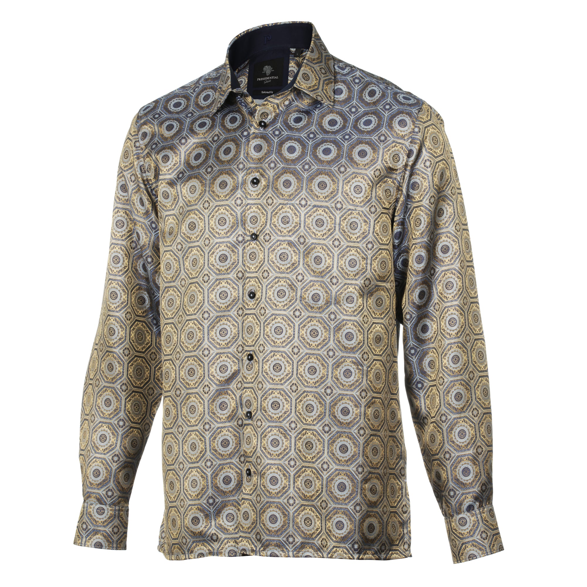 The Queen Gambit- Golden Blue Men's Jacquard Satin Luxury Formal Shirt