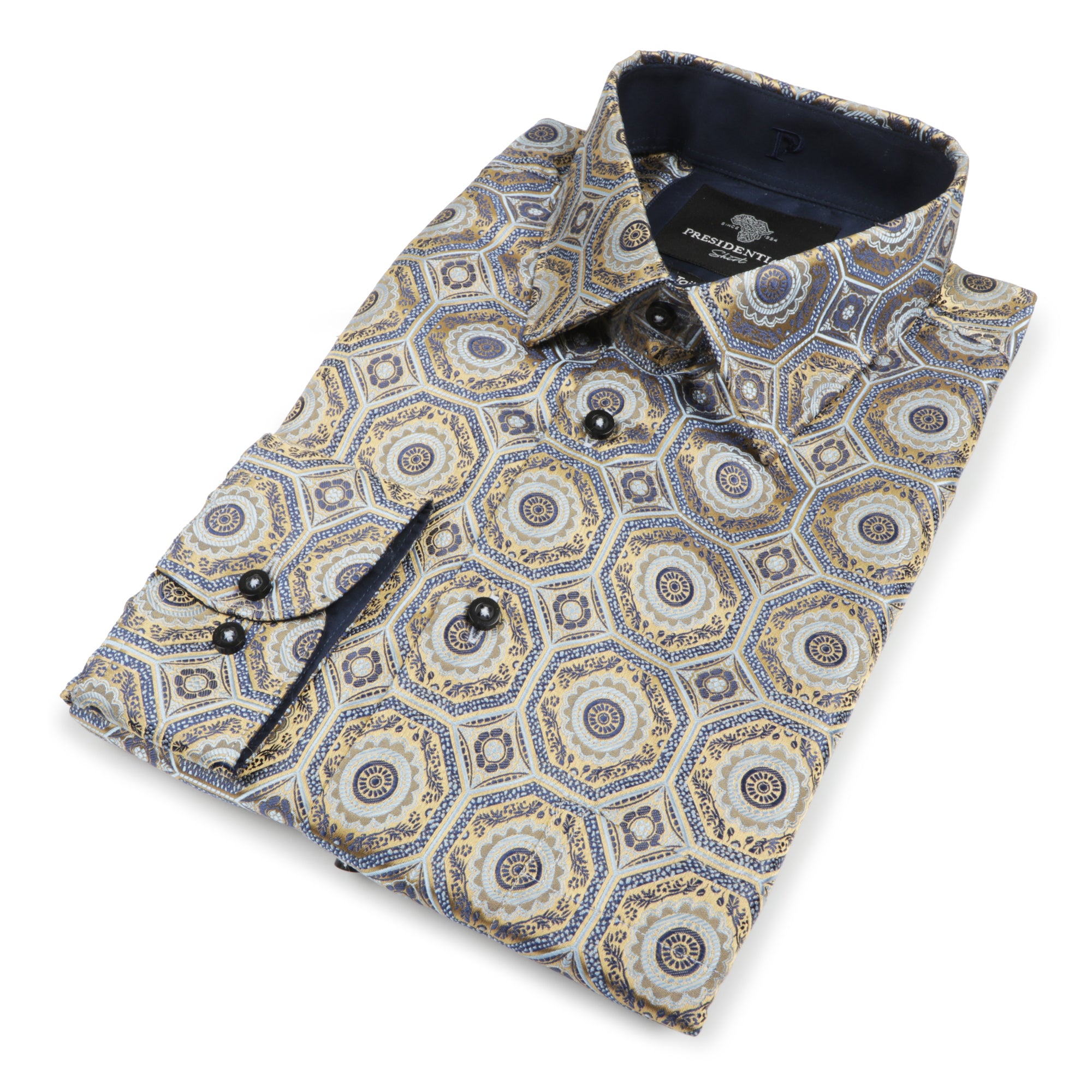 The Queen Gambit- Golden Blue Men's Jacquard Satin Luxury Formal Shirt