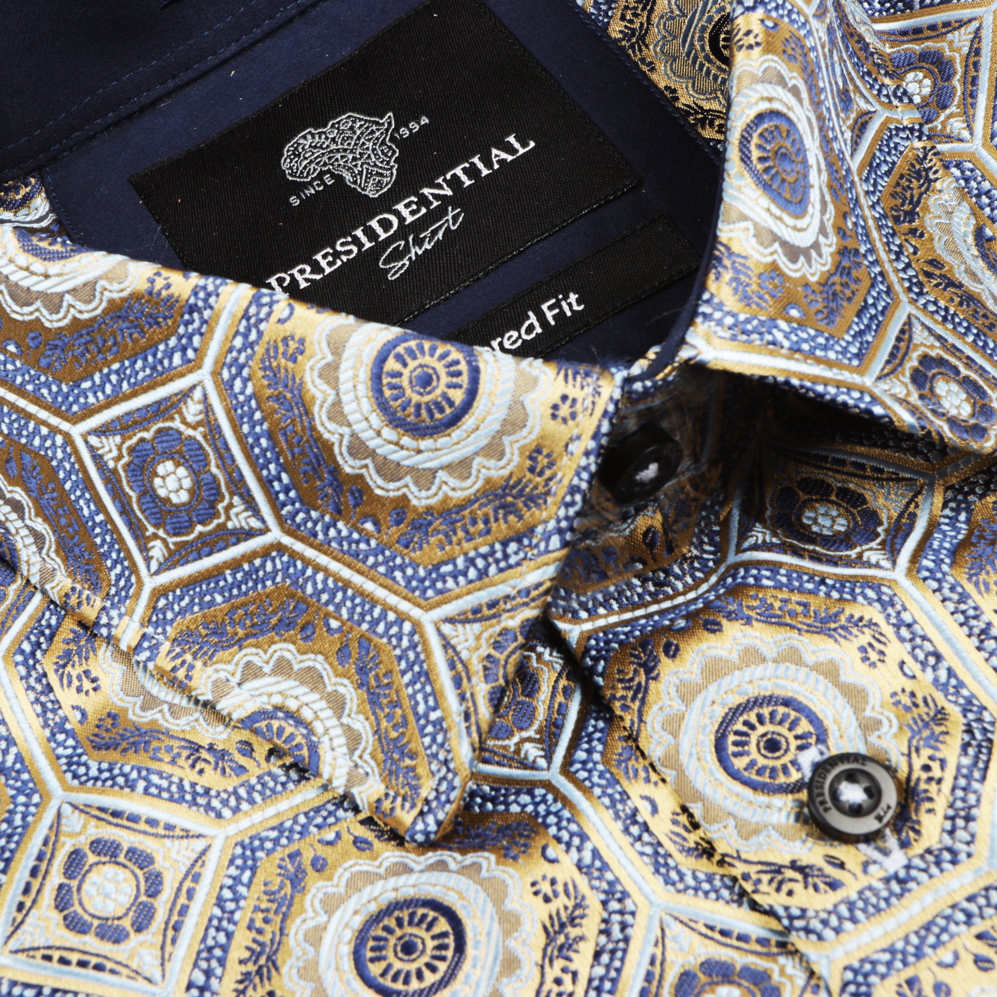 The Queen Gambit- Golden Blue Men's Jacquard Satin Luxury Formal Shirt