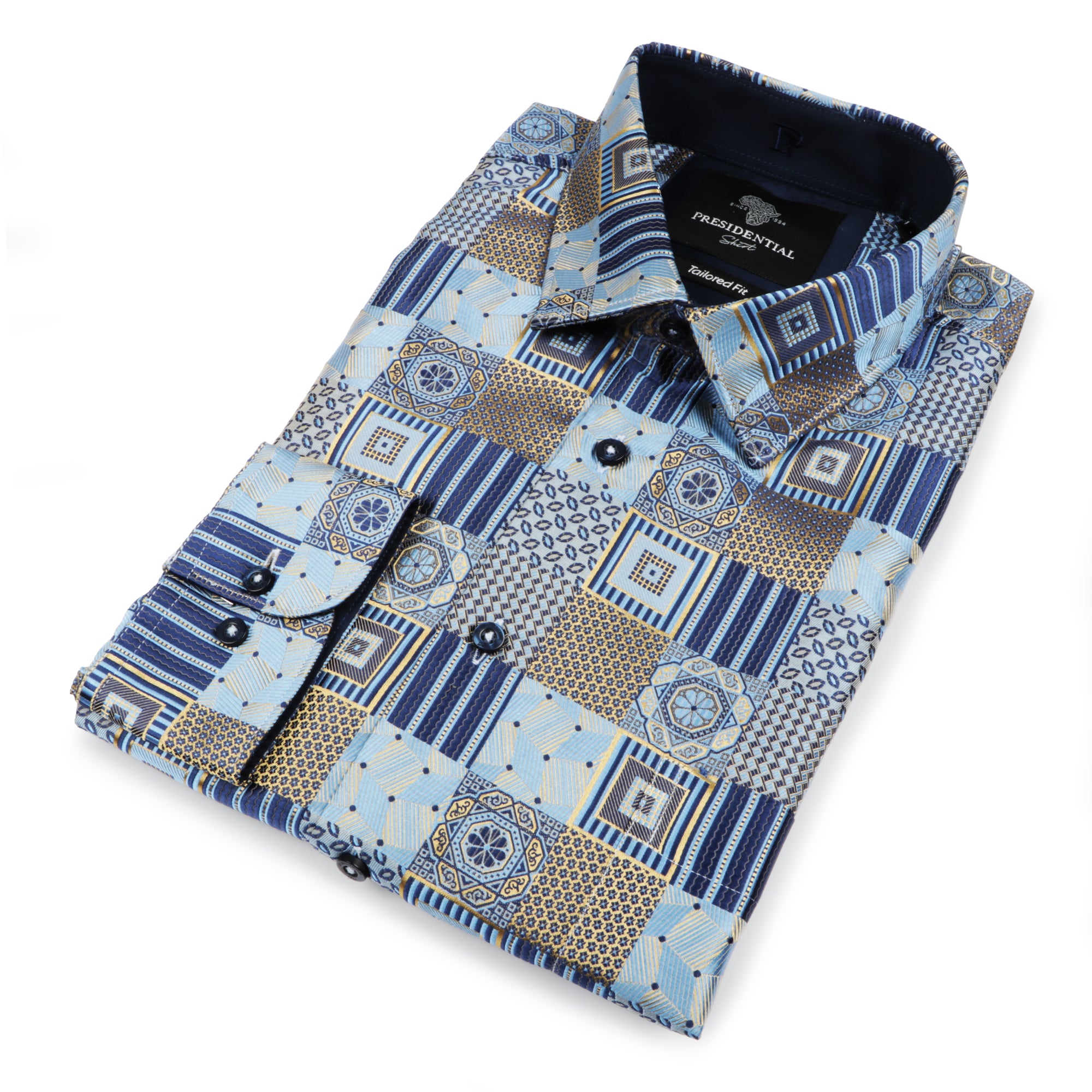 Royal Check - Golden Blue Men's Jacquard Woven Luxury Formal Shirt