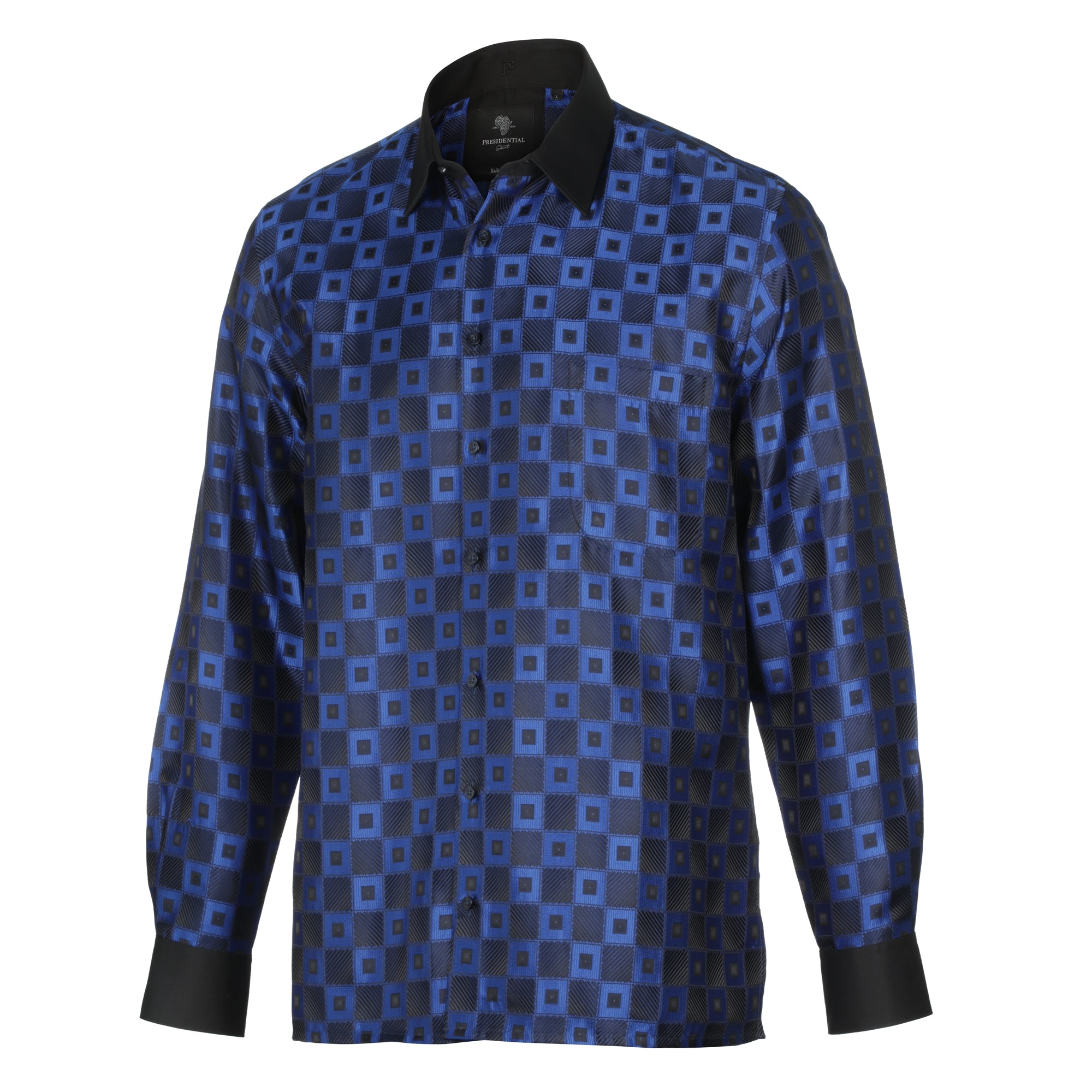 Chess Board - Royal Blue Men's Jacquard Satin Luxury Formal Shirt