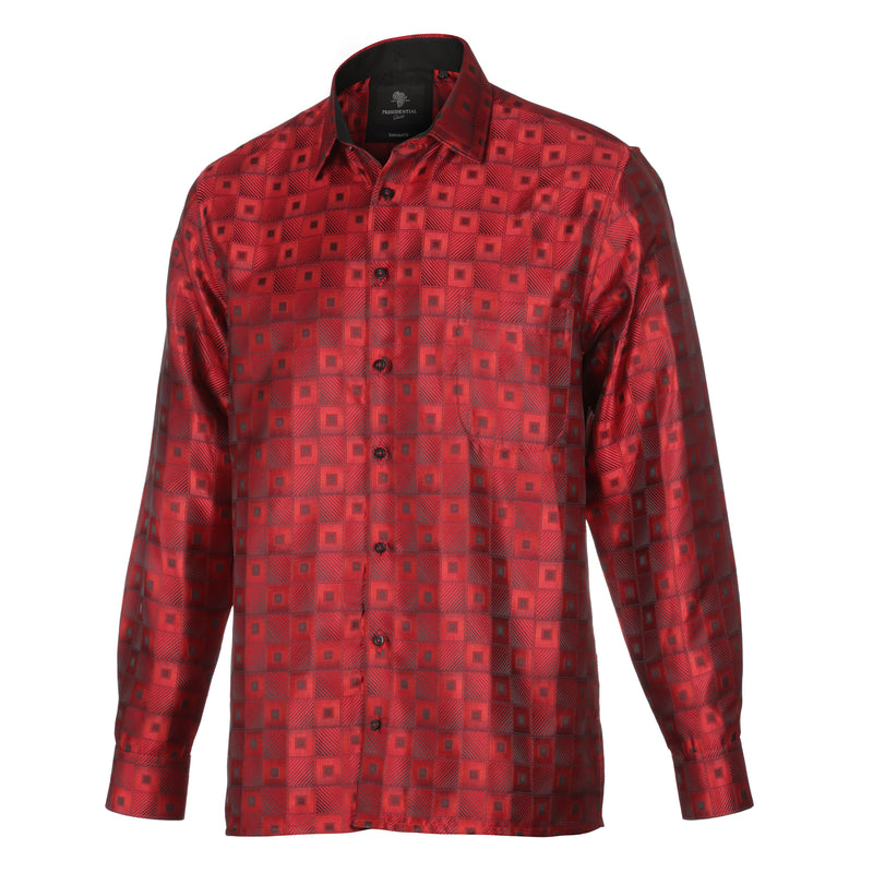 Chess Board - Red Men's Jacquard Satin Luxury Formal Shirt