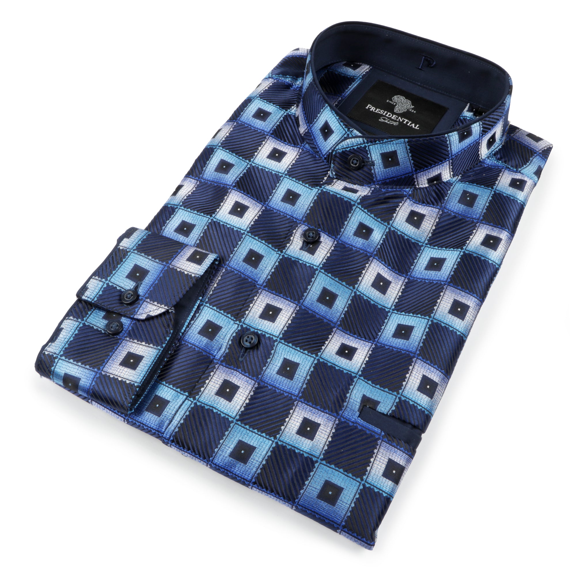 Chess Board - Blue Men's Jacquard Satin Luxury Formal Shirt
