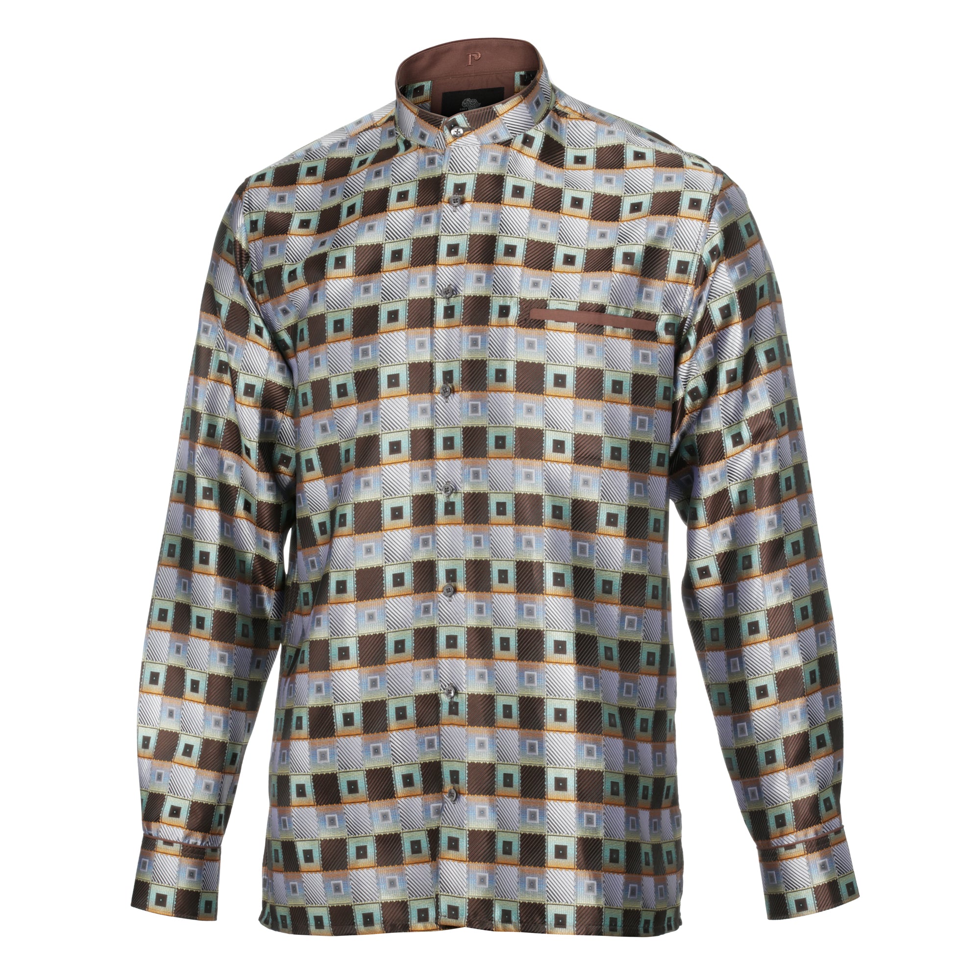 Chess Board - Brown Men's Jacquard Satin Luxury Formal Shirt