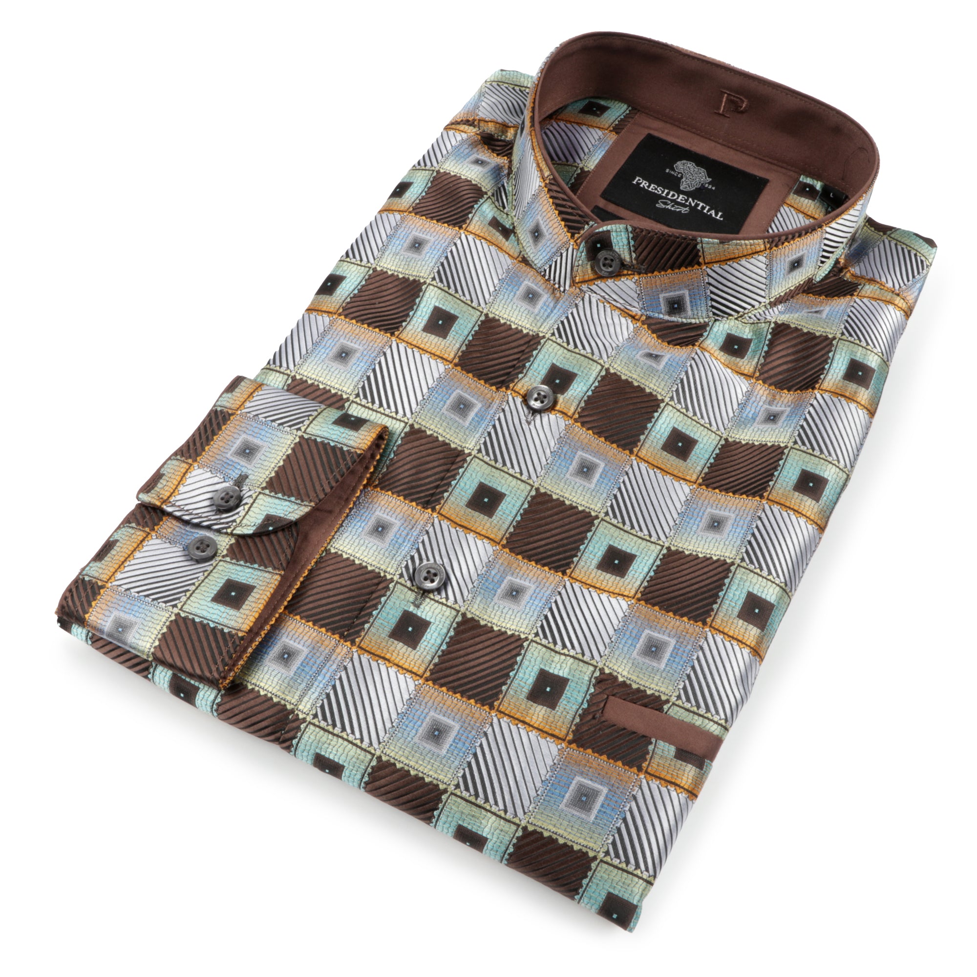 Chess Board - Brown Men's Jacquard Satin Luxury Formal Shirt