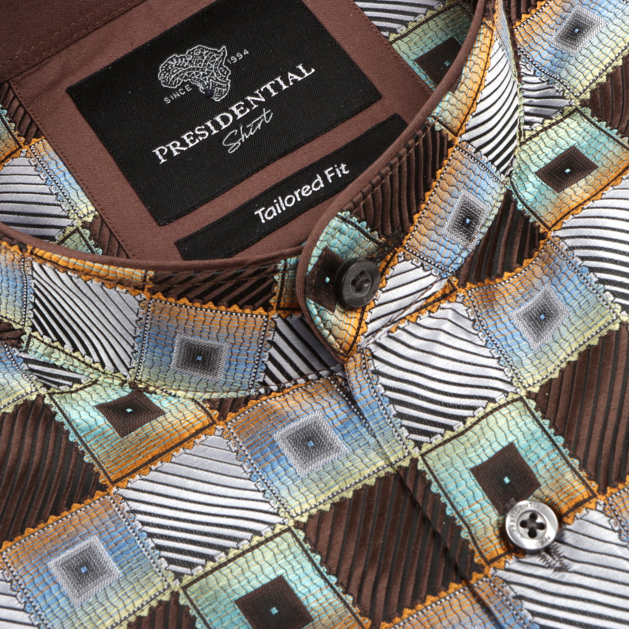 Chess Board - Brown Men's Jacquard Satin Luxury Formal Shirt