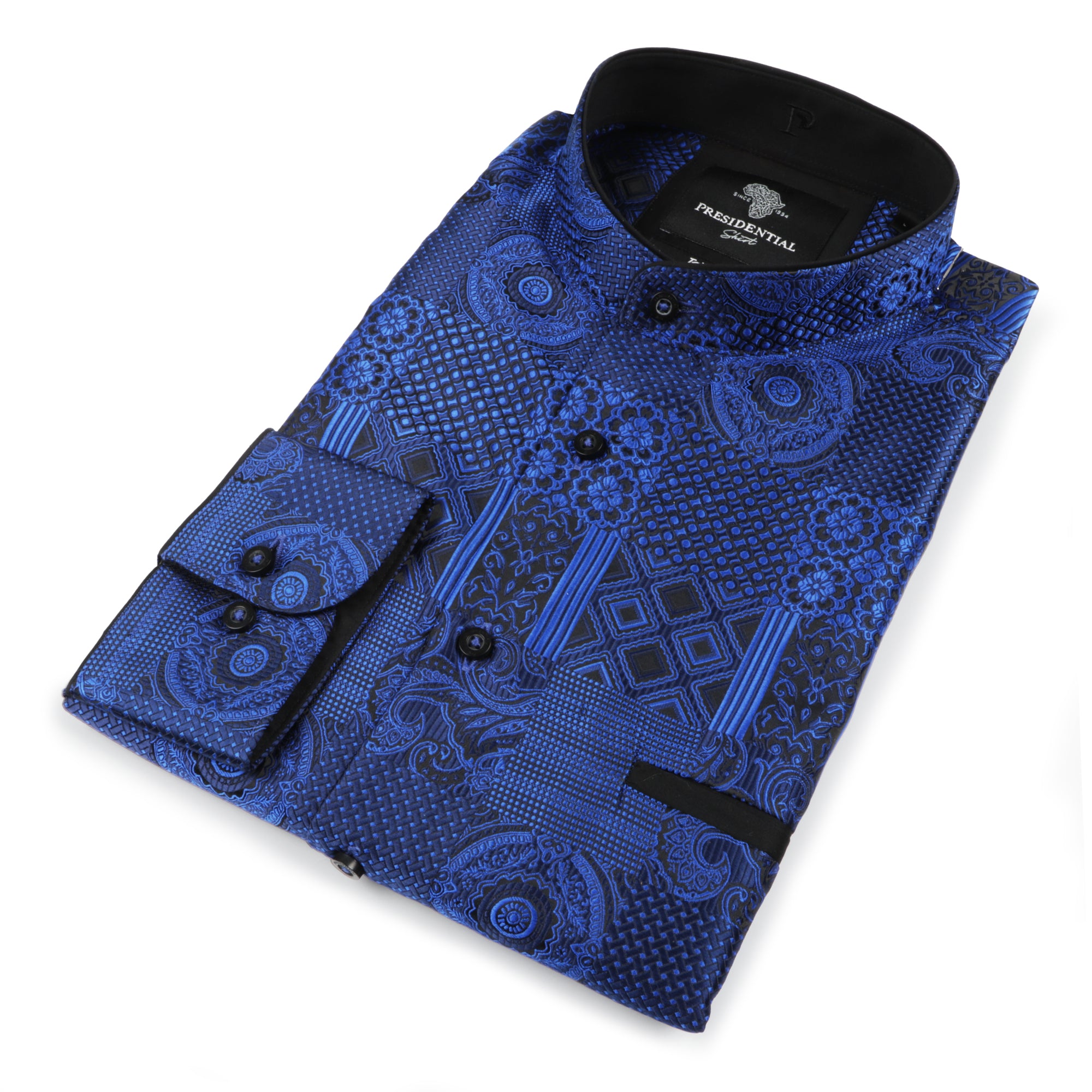 African Chess - Royal Blue Men's Jacquard Woven Luxury Formal Shirt