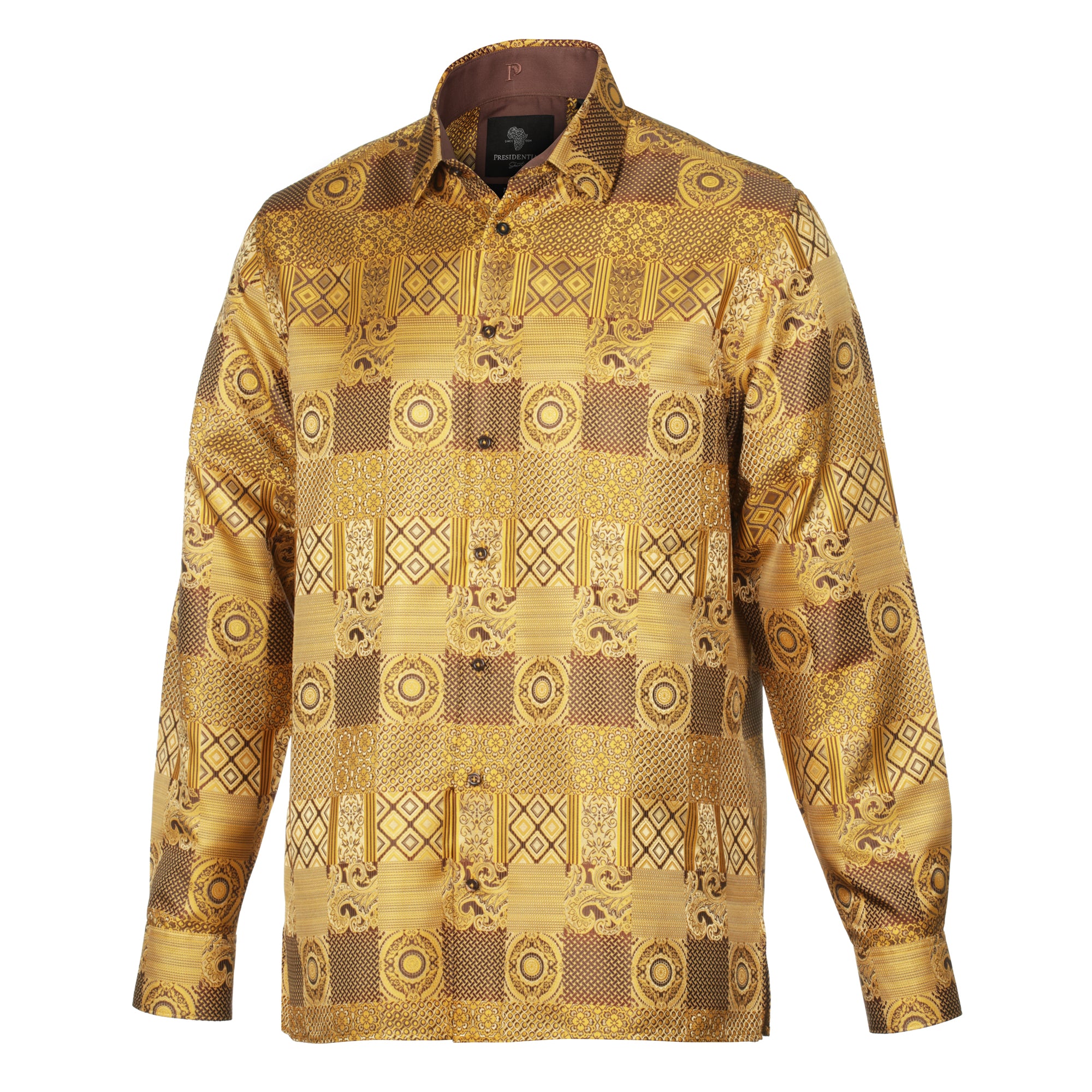 African Chess - Gold Brown Men's Jacquard Woven Luxury Formal Shirt