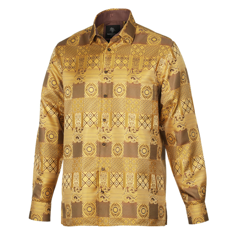 African Chess - Gold Brown Men's Jacquard Woven Luxury Formal Shirt